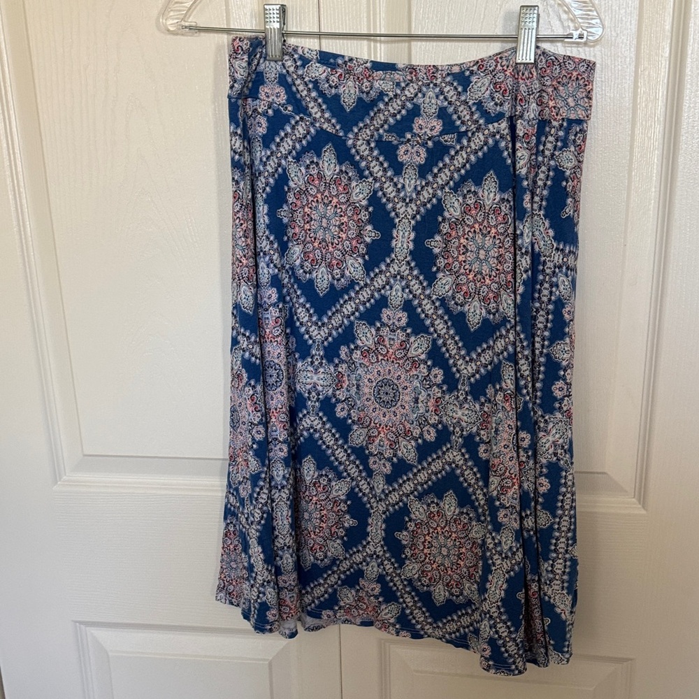 Renee C. Asymmetrical Blue and White Patterned Skirt